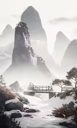 a snowy mountain scene with a bridge and snow on the ground