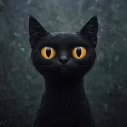 a close up of a black cat with yellow eyes
