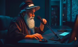 a bearded man sitting at a desk working on a computer