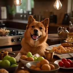 a dog sitting in the kitchen surrounded by bowls of food