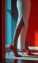 a woman in high heeled red shoes stands alone