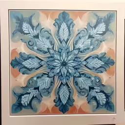 a painting on display inside of a frame,a painting on display with various shapes and colors