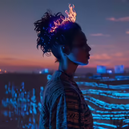 woman staring into the distance at night and with a bright crown on her head