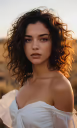 a beautiful woman in a white dress posing