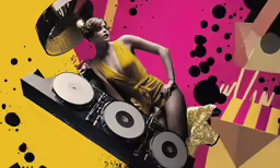 woman in yellow dress and gold hat sitting on top of a speaker with white speakers