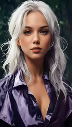 a woman with white hair is looking to the side