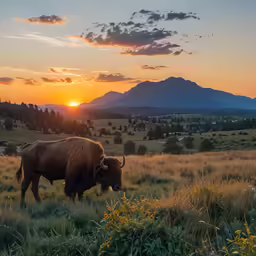 a lone buffalo in the grass in front of the sun