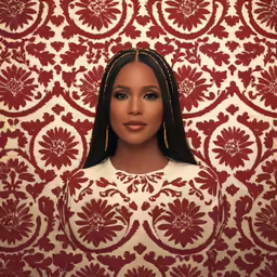 a woman posing in front of a wall with red and white wallpaper