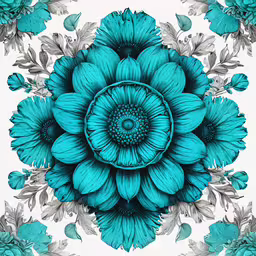 an intricate blue flower on white and gray background,a flower is in teal blue with silver and gray accents