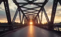 the sun rises over a bridge that carries a long amount of traffic