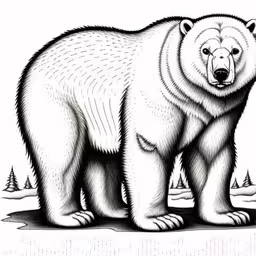 a drawing of a large white bear walking in the snow,a drawing of a bear standing on some dirt,a drawing of a polar bear with snow and trees,drawing of a bear in a line art style,an image of a polar bear standing