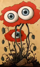 two flowers with large eyes in front of them
