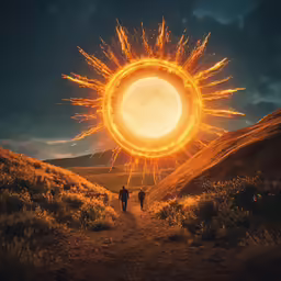 two people are walking away towards an enormous sun
