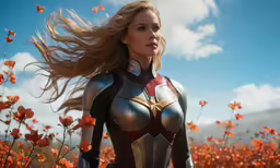 a woman in armor and with long hair is walking through a field of flowers
