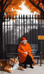 there is a woman sitting on a bench next to a tiger