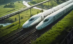 two high speed trains sit on the tracks in an open area