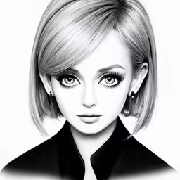 an artwork with black and white hair, a short bobby wig and dark makeup