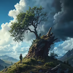 an artistic illustration of a person walking towards a tree