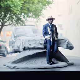 a man standing on cement wearing a hat and suit