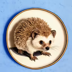 a very cute hedgehog on a plate with blue walls