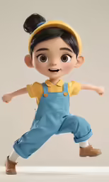 the doll has brown hair and is dressed in blue overalls