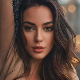 a woman with long hair wearing a tan top