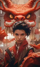 a female anime character in front of red dragon heads