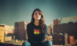 a woman with long hair sitting on a wall with her eyes closed