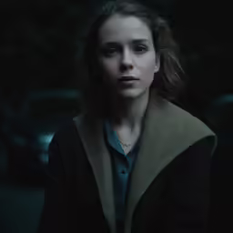 a young lady in the dark wearing an unbuttoned coat