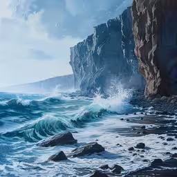 a rocky beach with waves crashing onto it,waves crash on the shore near a rocky cliff