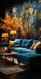a living room that has a blue couch with a floral wallpaper