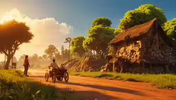 a couple of men driving a motorcycle past a dirt road,a man riding a bike on a dirt road