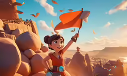 disney princess leia flying through the air next to a field with rocks