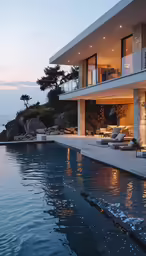 a large outdoor pool next to a house