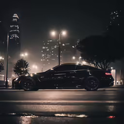 a car parked along the side of the road at night