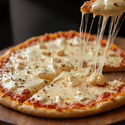 a pizza with cheese being sliced by a knife