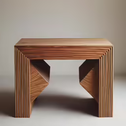 a wooden table sitting on top of a white floor