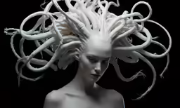 white female wearing an intricate sculpture head on her face