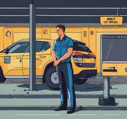 the officer is waiting for his taxi,the cop is on the sidewalk in front of some yellow vehicles