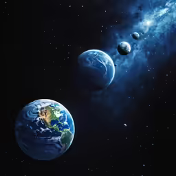 four earth - like planets with the sky full of stars and clouds