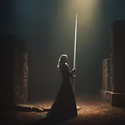 a lady with a sword standing in the dark