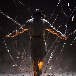 a man is walking on the road while lit with torches