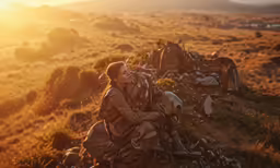 a woman sitting on the side of a mountain covered in trees