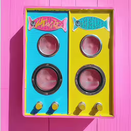 two different types of fish in a box,two different colored fish toy game set sitting on a pink wall