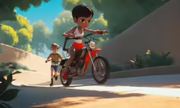 a little boy riding a red bike next to a girl in a dress