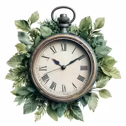 an old clock surrounded by green leaves and foliage