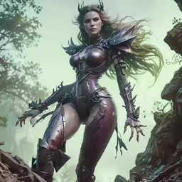 a woman dressed as a demonic creature in the woods