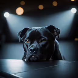 the black dog is sitting by himself on the table