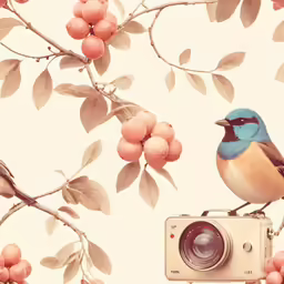 a small bird sitting on top of a branch next to a camera