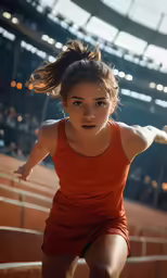 young woman is running on the stadium bleachers